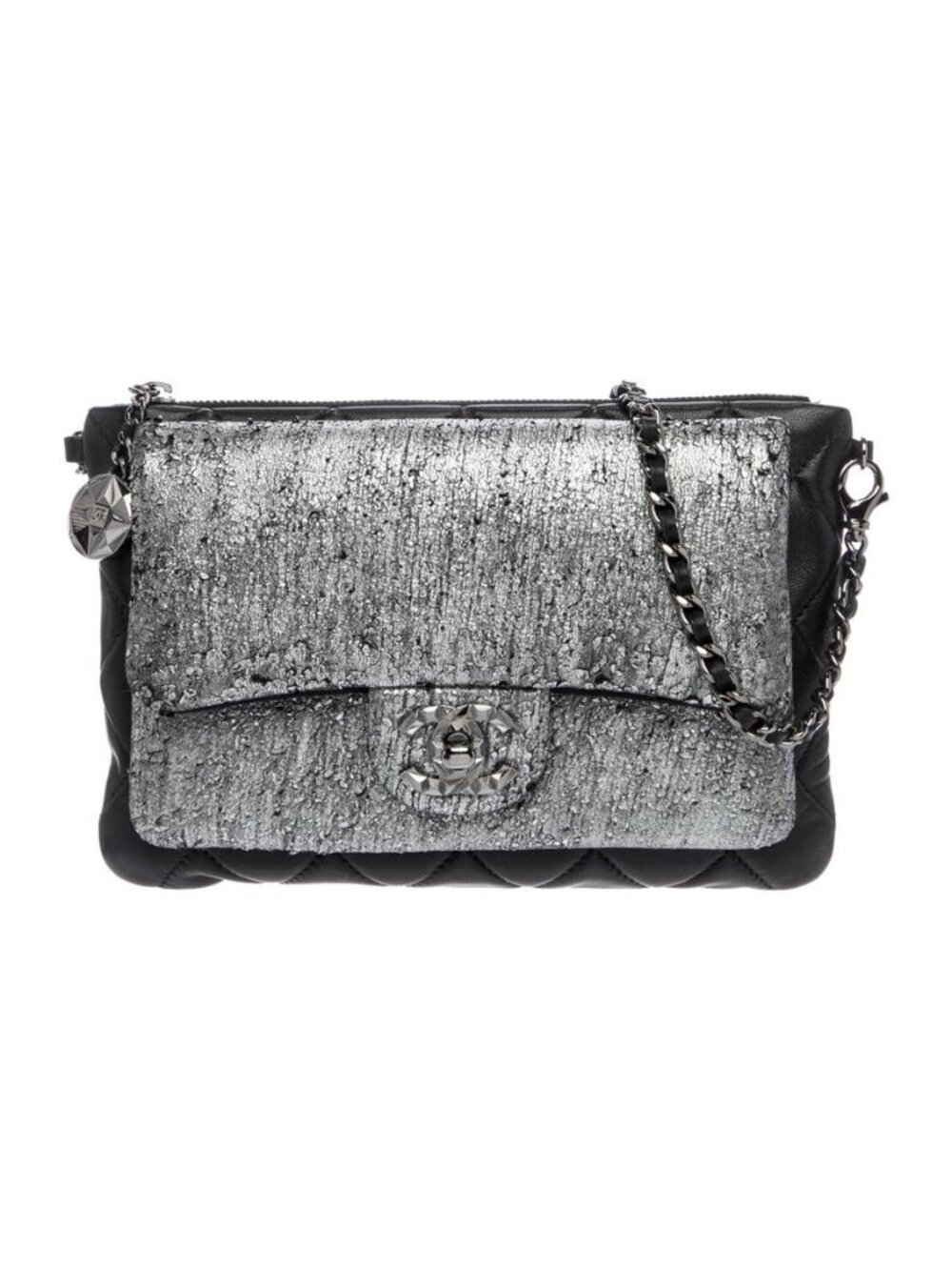 Chanel Mineral Nights Black Silver Leather Chain Clutch Vintage